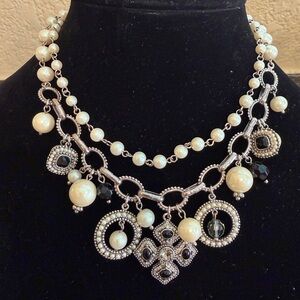 Vintage Carolee Faux Pearl Rhinestone Choker Bib Necklace Signed 2 Layers Adjust